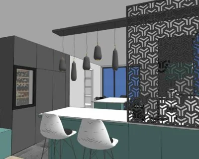 Projet 3D d’une cuisine colorée avec son claustra sur mesure
